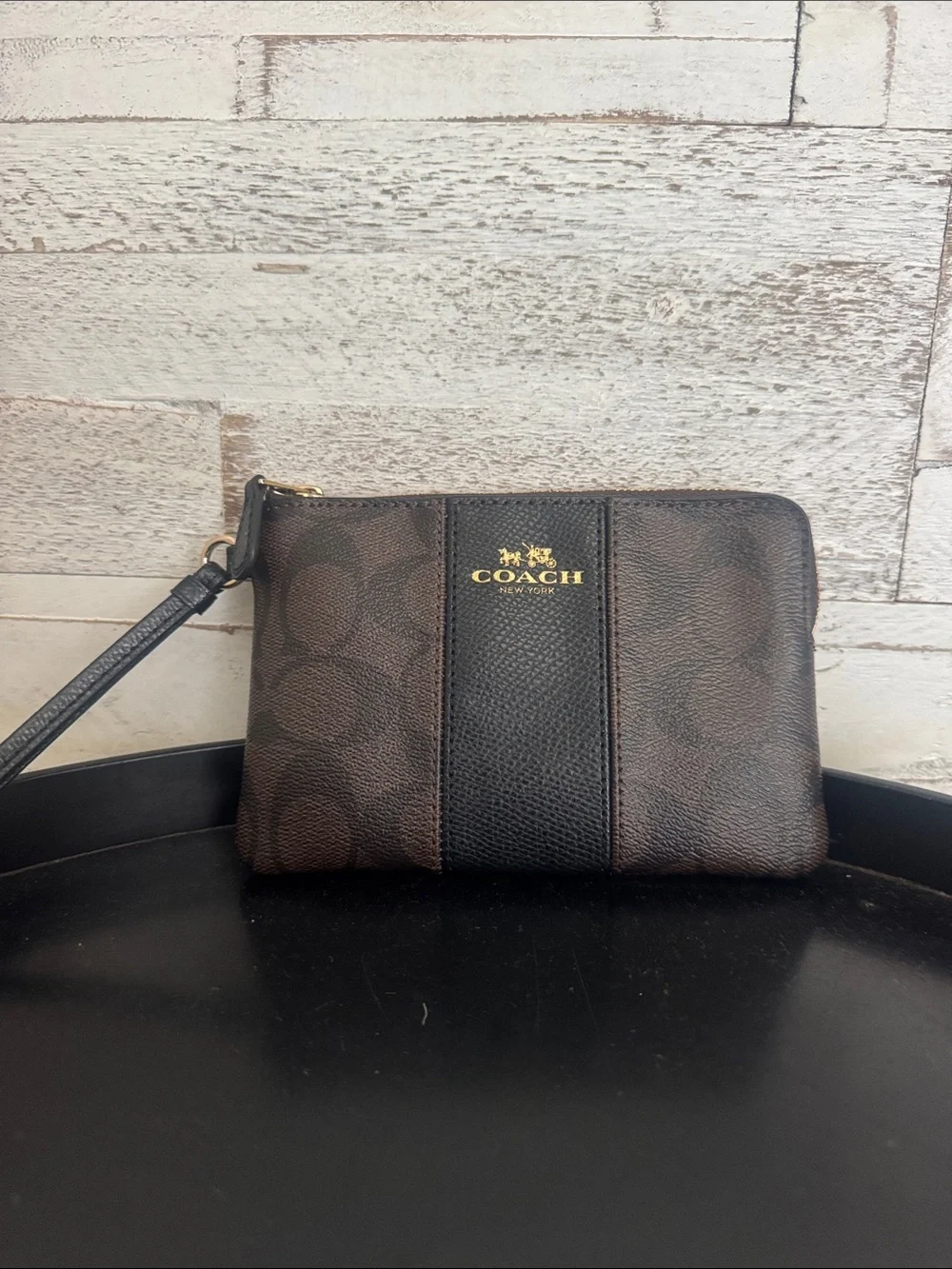 Coach Brown & Black Signature Wristlet with Gold Logo